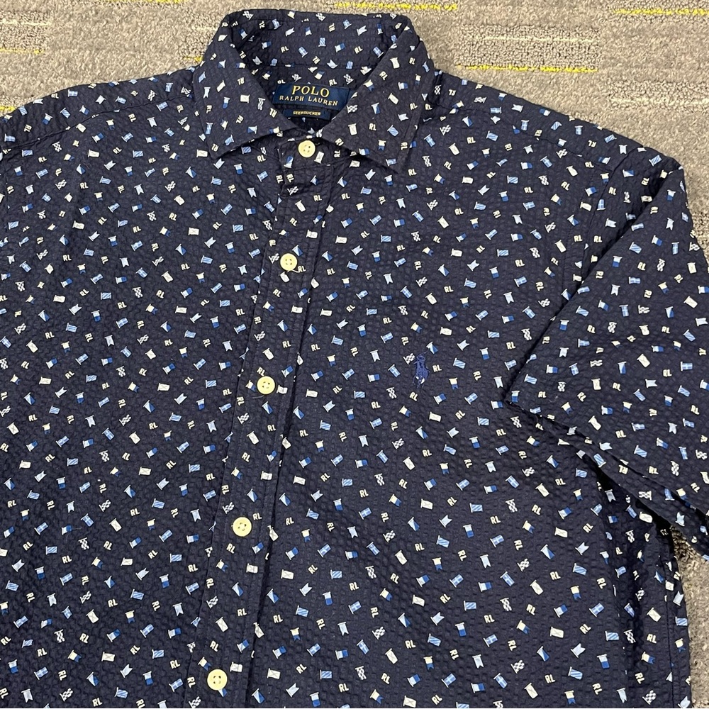 Polo Ralph Lauren Seersucker Shirt Mens M Blue AOP Nautical Flags Short Sleeve